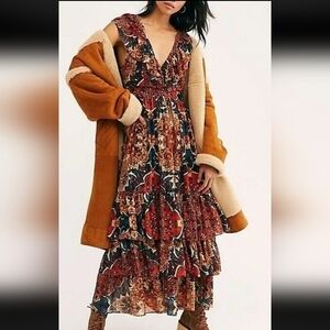 FREE PEOPLE Navy Gold Red Floral Print Wear it Out V-Neck Ruffle Maxi Dress 4